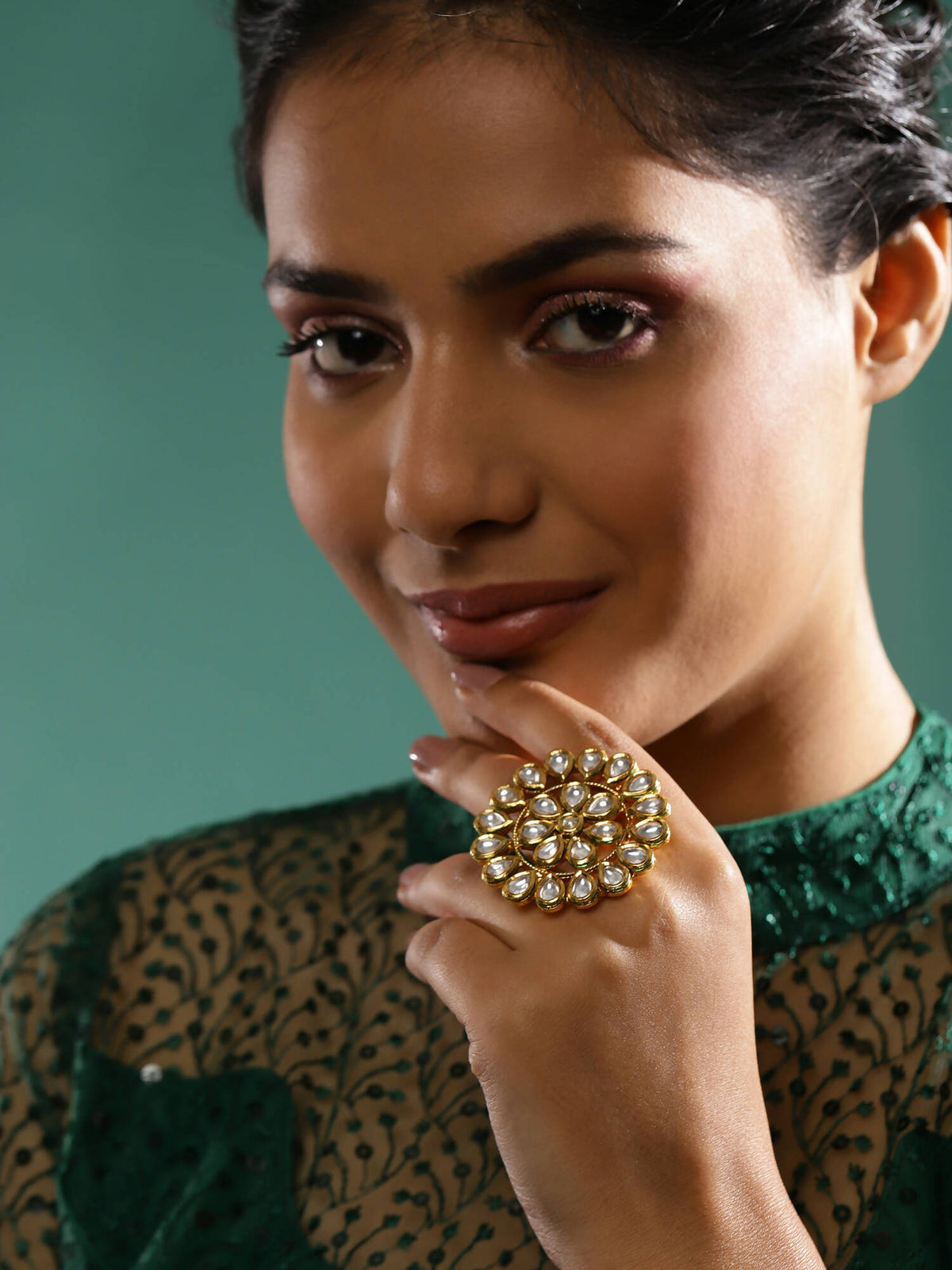Gold-Polished White Kundan-Studded Adjustable Finger Ring - Ruby Raang | Grocsy