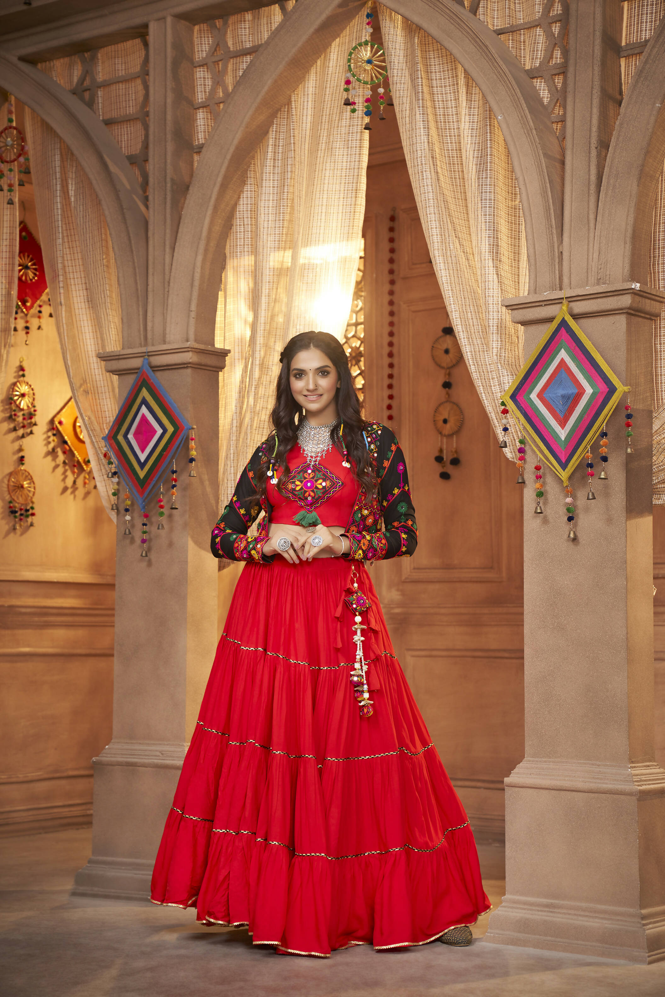 Red Viscose Rayon Navratri Lehenga Choli With Dupatta - Raas | Grocsy