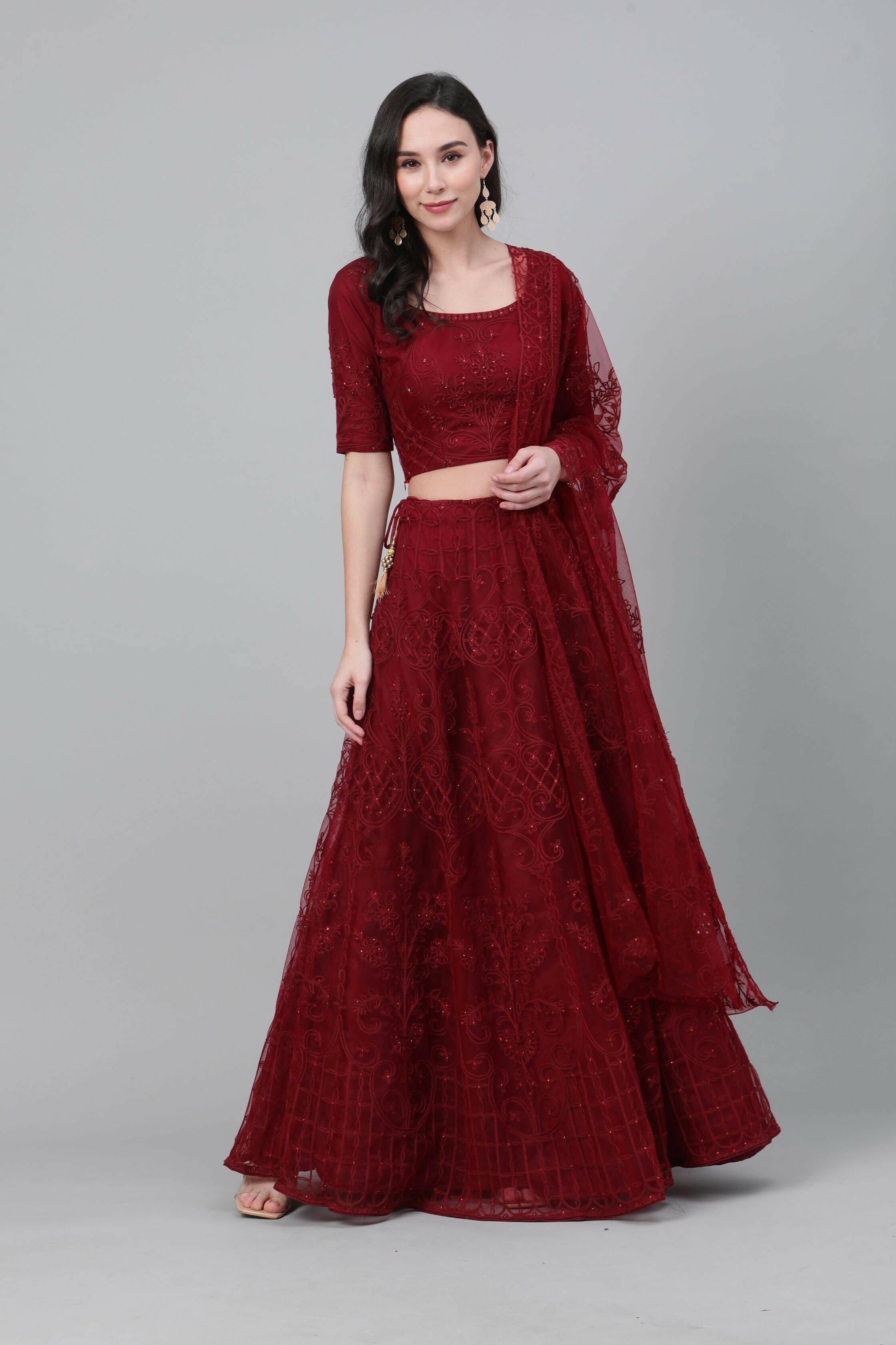 Maroon Net Thread embroidery with stone work Lehenga Choli with Dupatta - Jivika | Grocsy