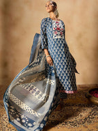 Indo Era Ethnic Motifs Printed Thread Work Pure Cotton Kurta with Trousers & Dupatta | Grocsy