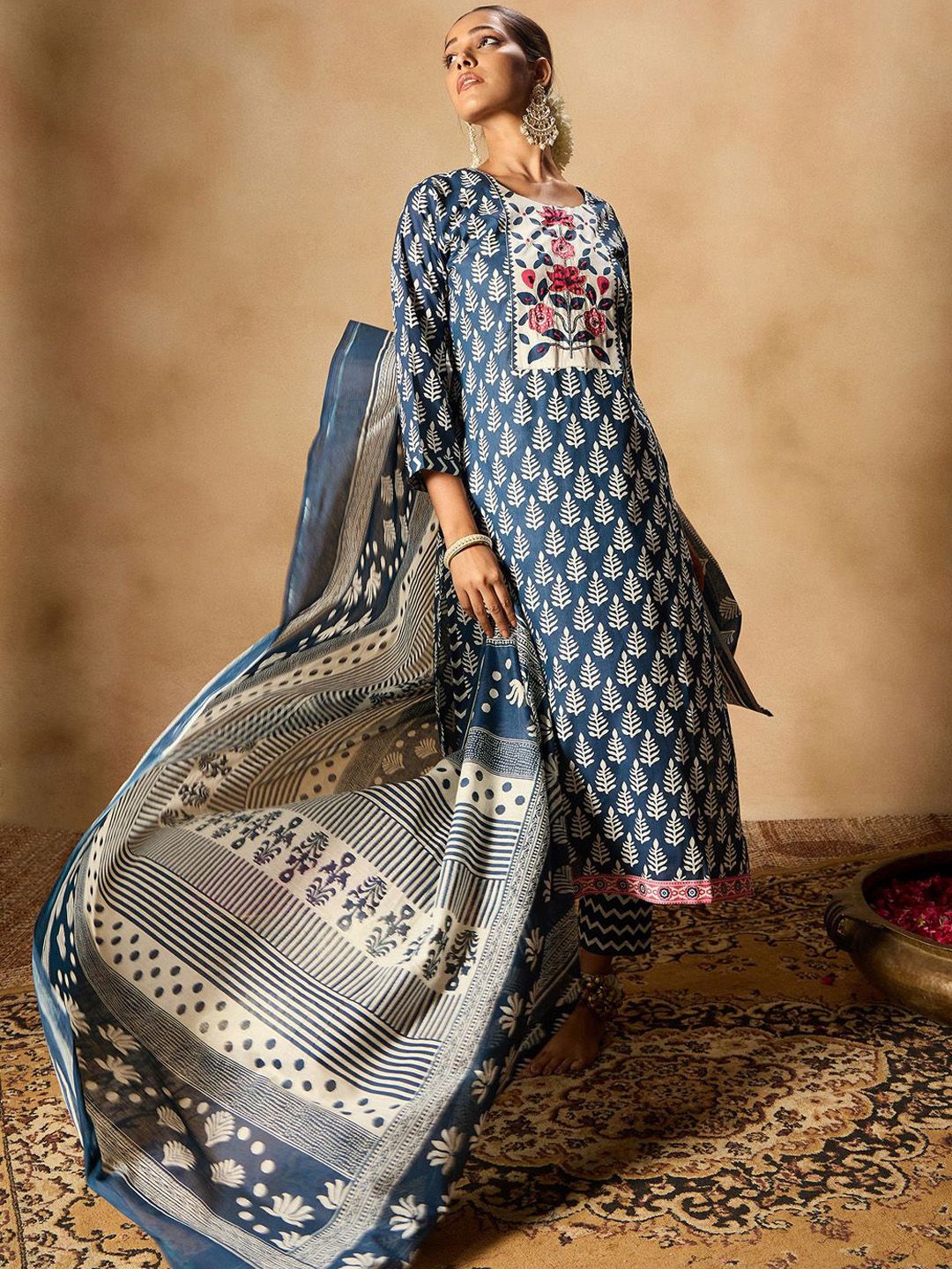 Indo Era Ethnic Motifs Printed Thread Work Pure Cotton Kurta with Trousers & Dupatta | Grocsy