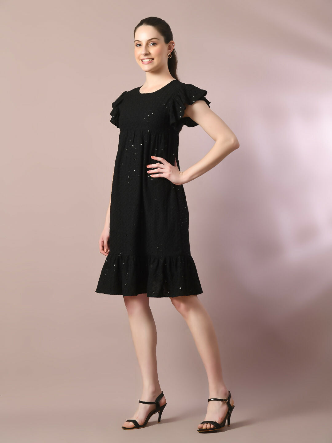 Myshka Women's Black Embroidered Cotton Round Neck A-Line Party Dress | Grocsy