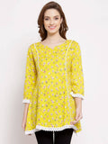 Myshka Women's Yellow Cotton 3/4 Sleeve Round Neck Printed Casual Tunic | Grocsy