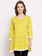 Myshka Women's Yellow Cotton 3/4 Sleeve Round Neck Printed Casual Tunic | Grocsy