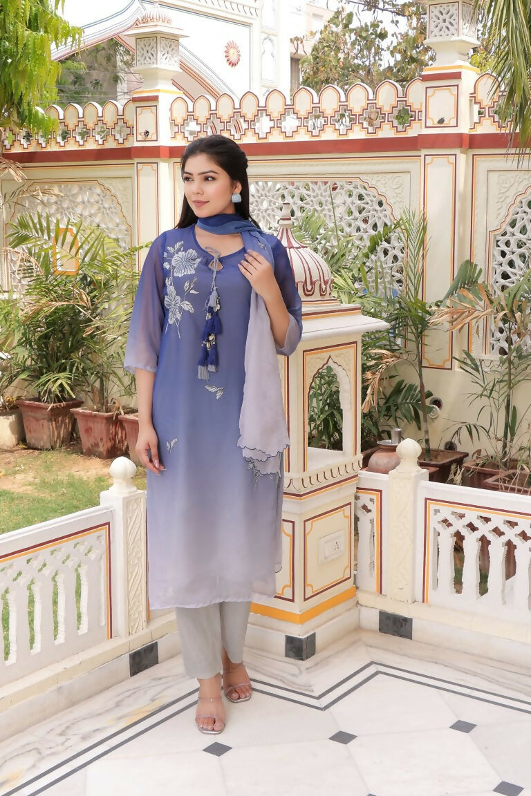 Vaasva Women Blue Tabby Slik Print & Embroidered Kurta, Pant & Dupatta Set | Grocsy