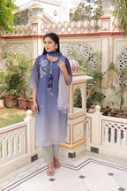 Vaasva Women Blue Tabby Slik Print & Embroidered Kurta, Pant & Dupatta Set | Grocsy
