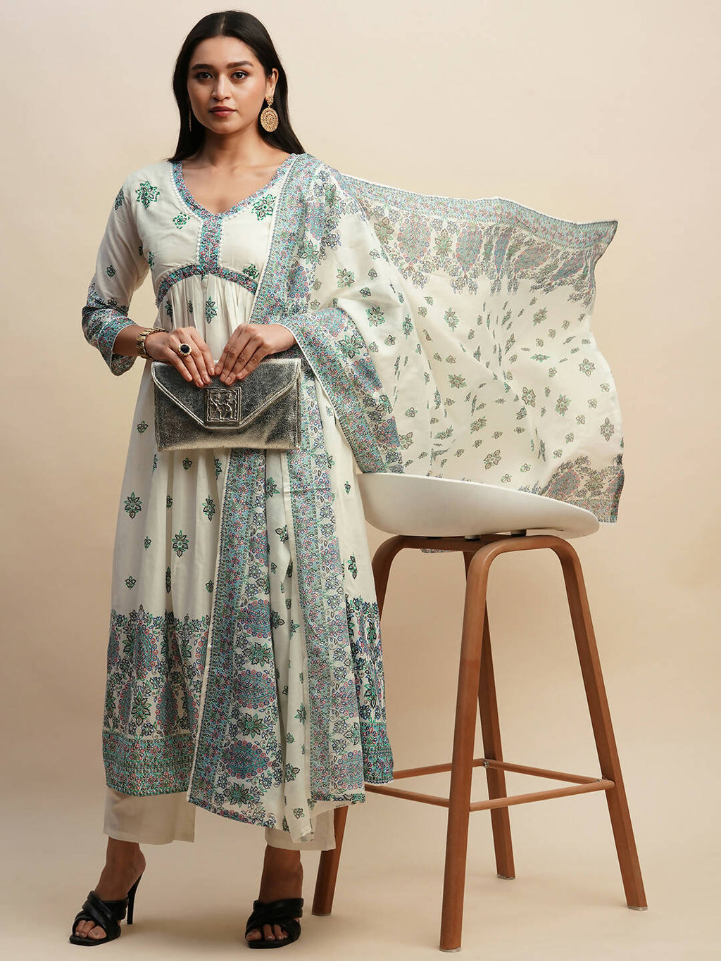 White And Blue Pure Cotton Floral Printed Anarkali Kurta And Bottom With Dupatta - Akashara | Grocsy