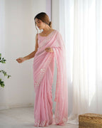 Georgette Designer Sequance Embroidery Work Party Wear Saree - Pink | Grocsy