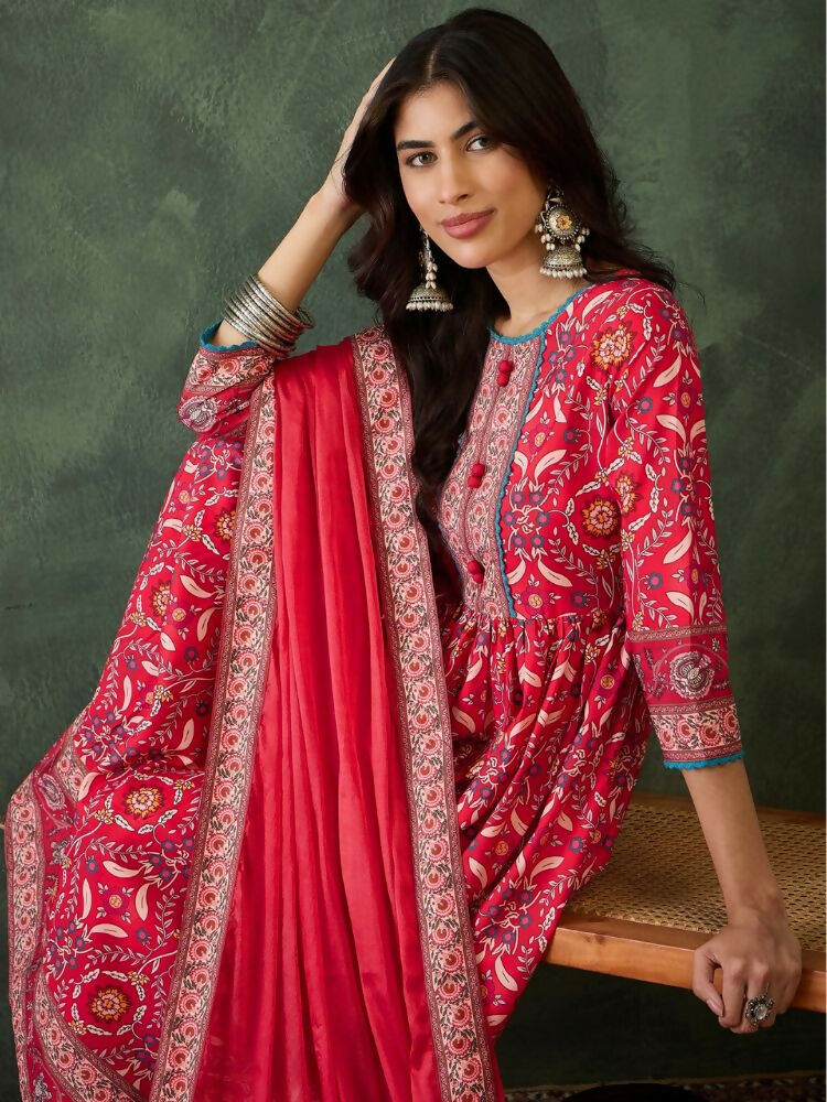 The52 Women's Beautiful Printed Work Rayon Fabric Flared Kurta Pant and Dupatta Set | Grocsy