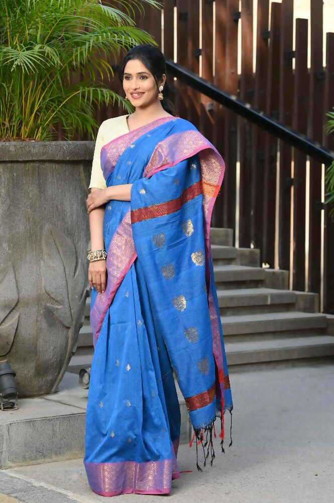 Beatitude Blue Cotton Banarasi Saree | Grocsy