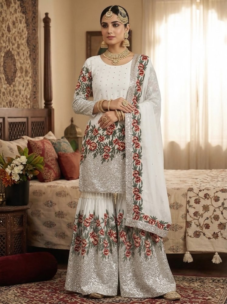 Teeya Creation White Fendy Silk Heavy Embroidery Work Party Wear Sharara Suit | Grocsy