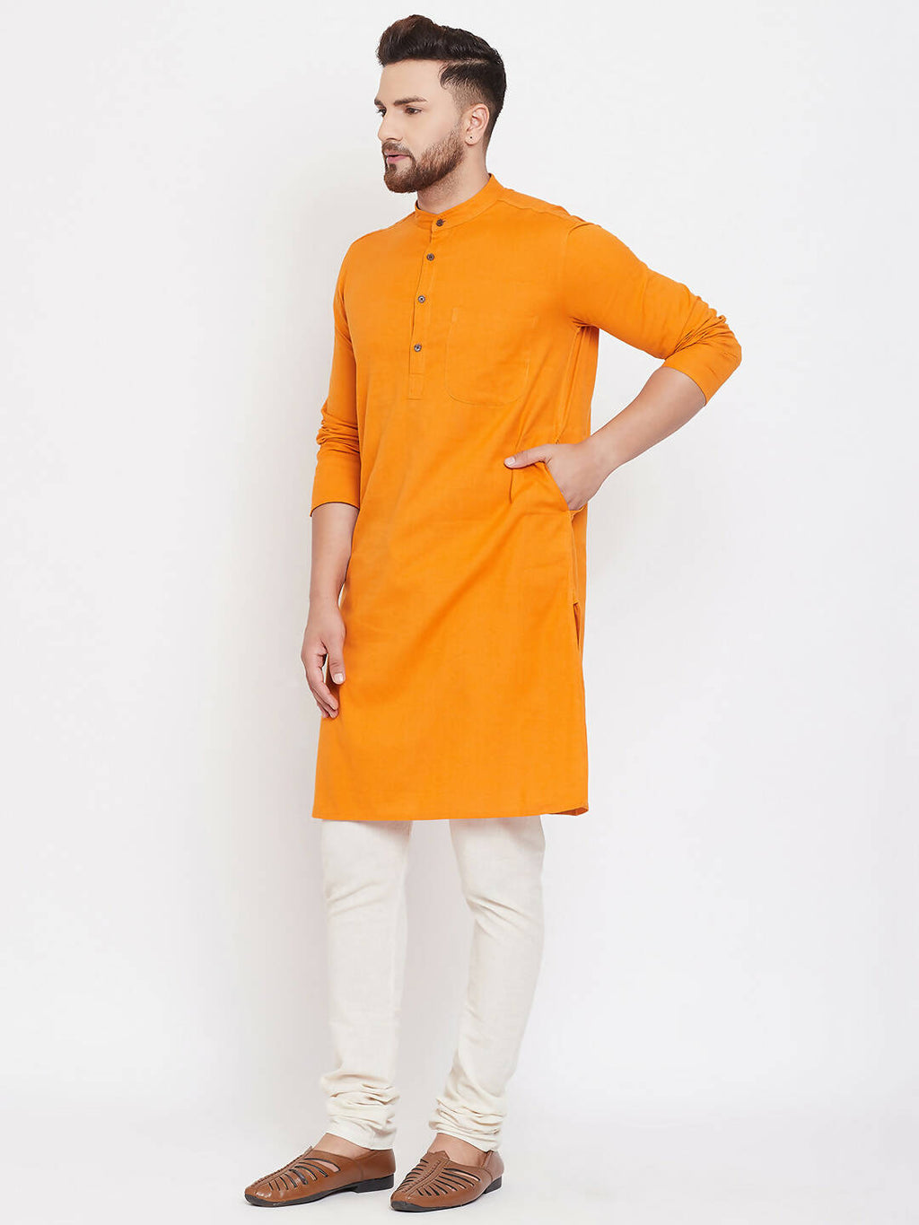 Even Apparels Pure Cotton Men's Kurta With Band Collar in Yellow Color | Grocsy