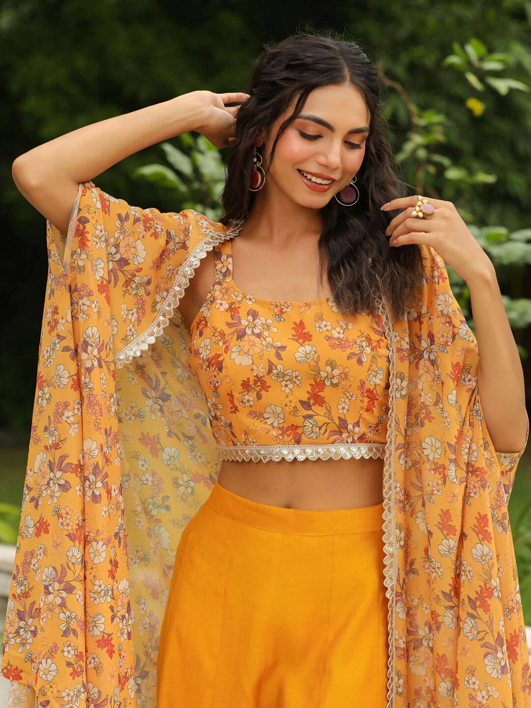 Janasya Mustard Georgette Floral Top Bottom Cape | Grocsy
