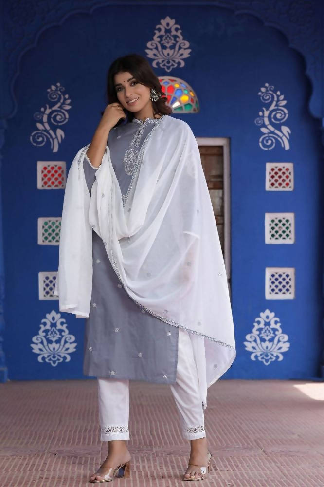 Yufta Kurta Women Grey & White Embroidered Kurta with Palazzo & Dupatta | Grocsy