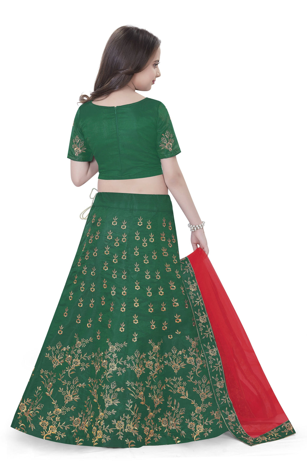 Dwiden Green Baby Doll Tafetta Sattin Semi-Stitched Girl's Lehenga Choli | Grocsy