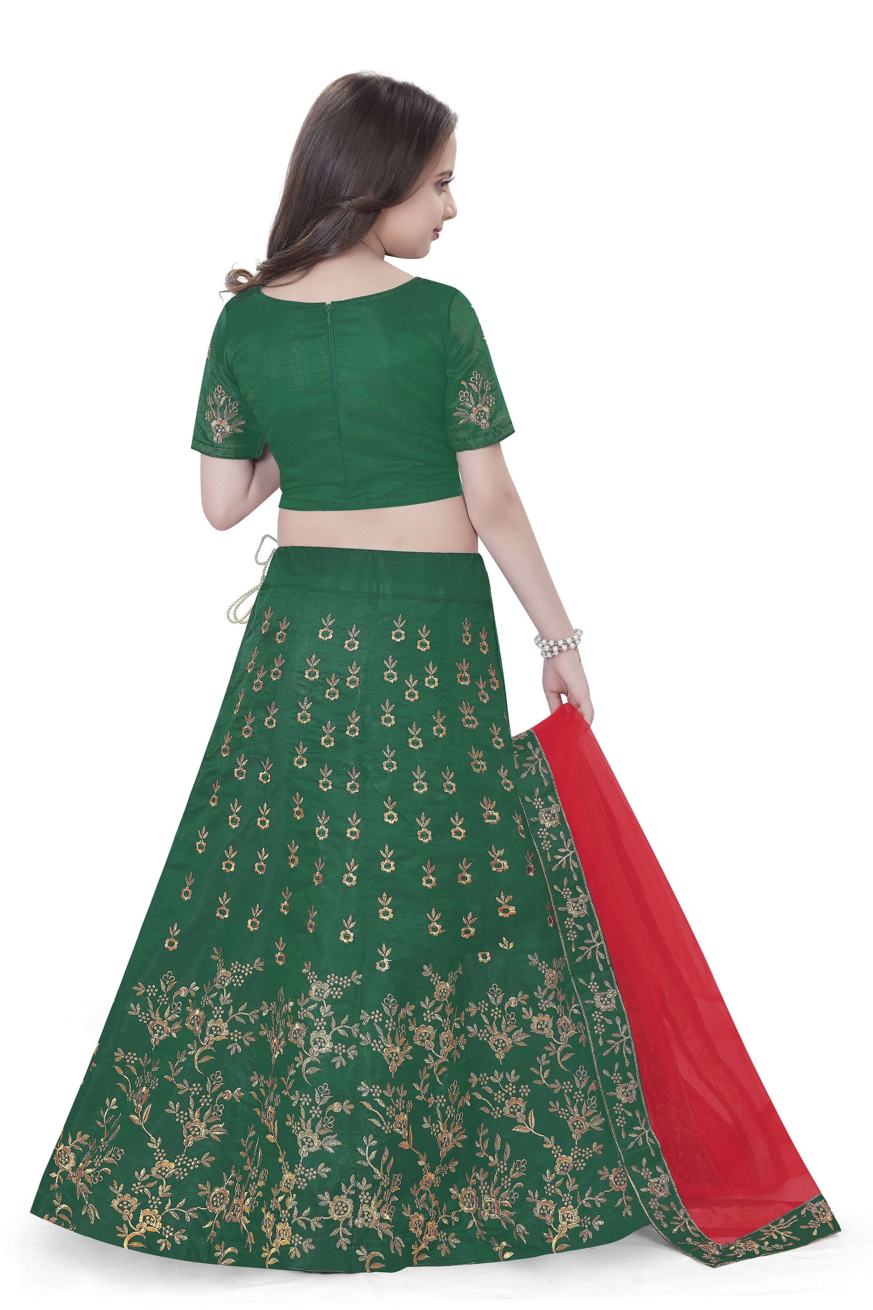 Dwiden Green Baby Doll Tafetta Sattin Semi-Stitched Girl's Lehenga Choli | Grocsy