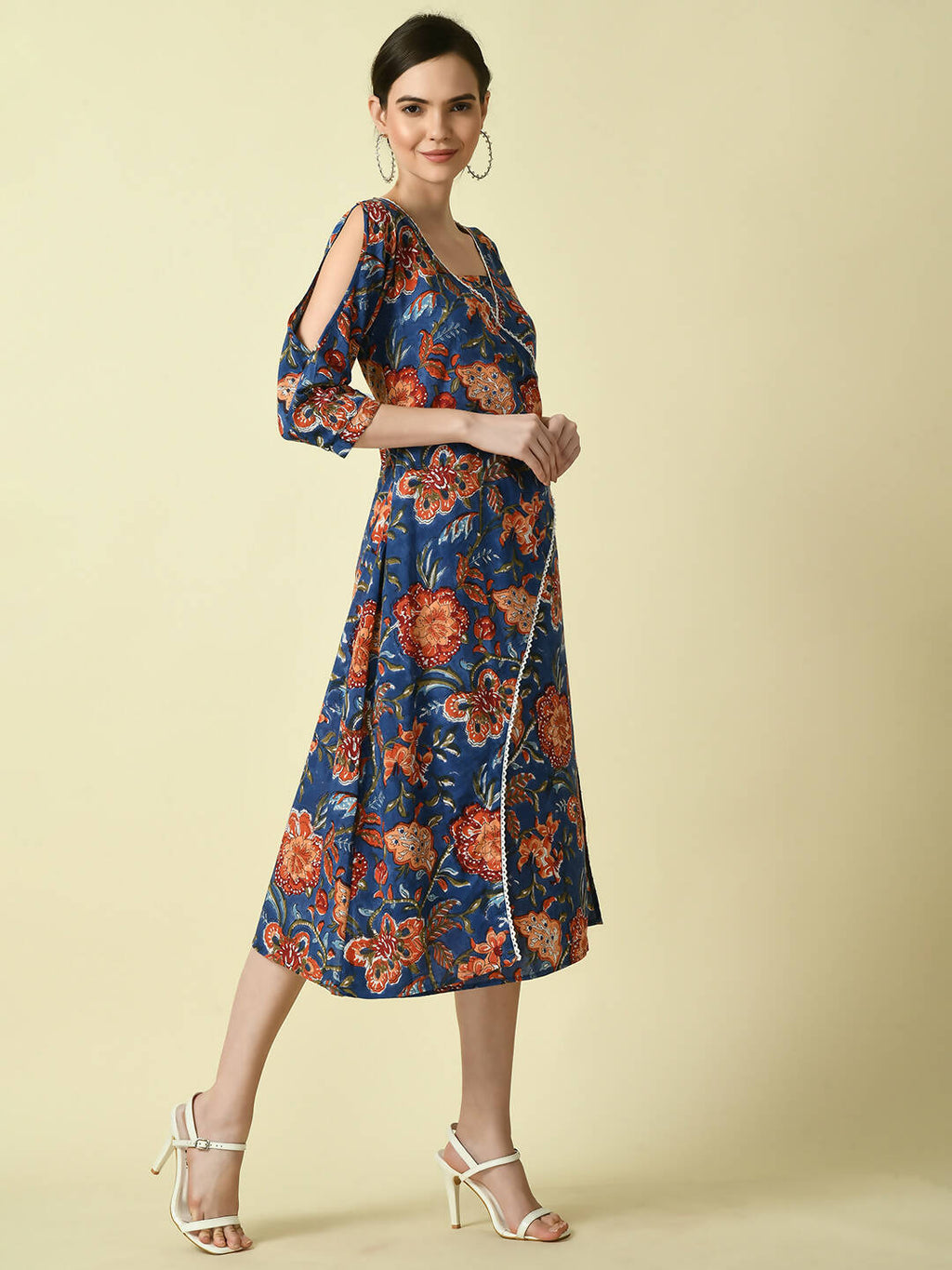 Myshka Women's Blue Floral Printed A-Line Dress | Grocsy
