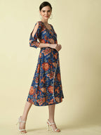 Myshka Women's Blue Floral Printed A-Line Dress | Grocsy