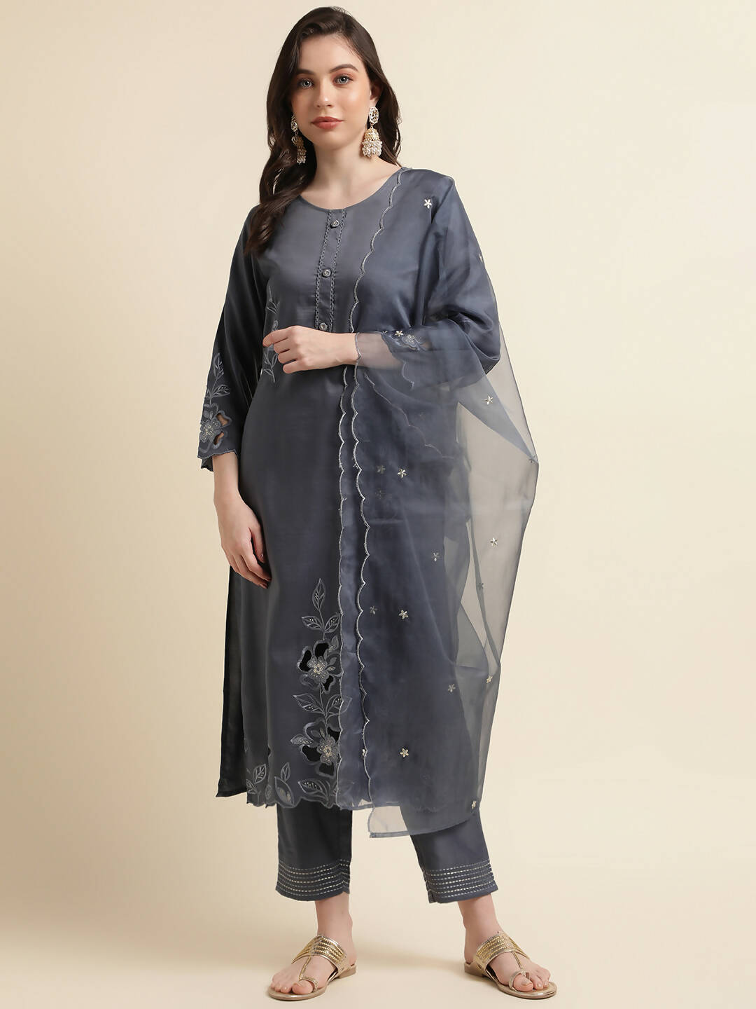 Grey Chinon Silk Embroidered Straight Kurta with Trouser & Dupatta - Salimar | Grocsy