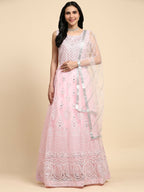 Pink Net Hand Embroidered Gown - Rudrani | Grocsy