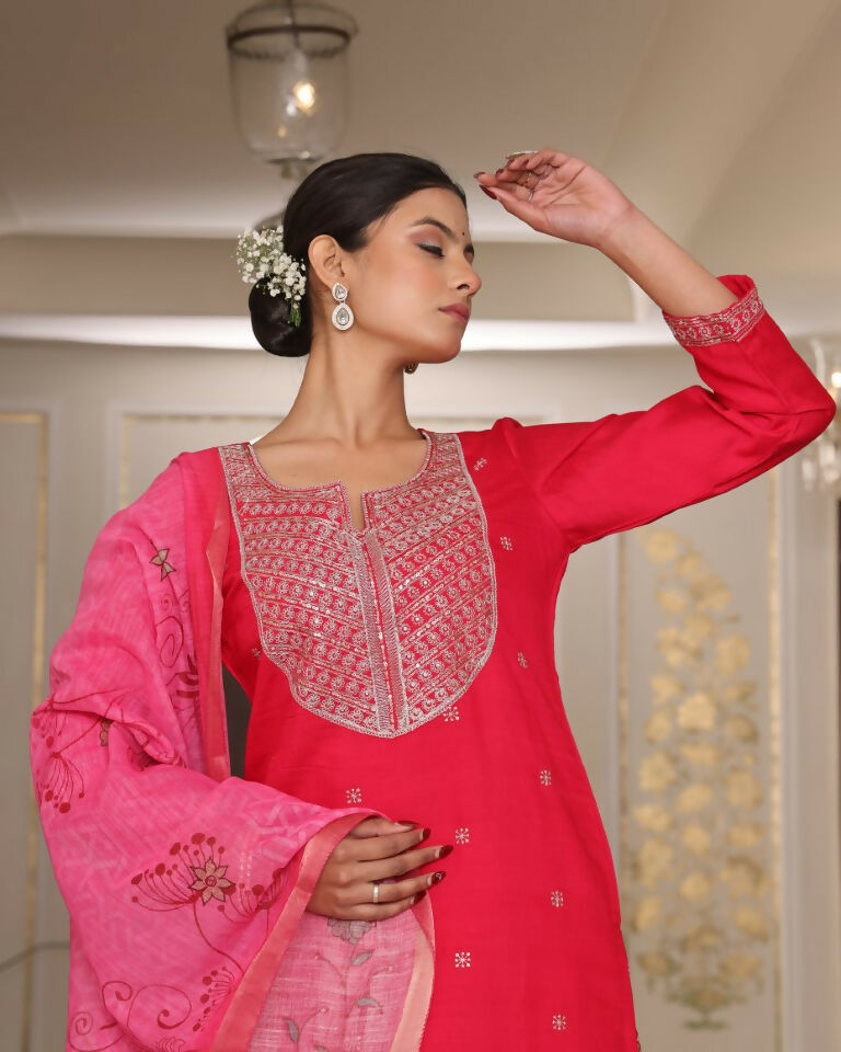 Jyoti Fashion Women's Pink Cotton Silk Floral Print with Embroidered Kurta Set | Grocsy