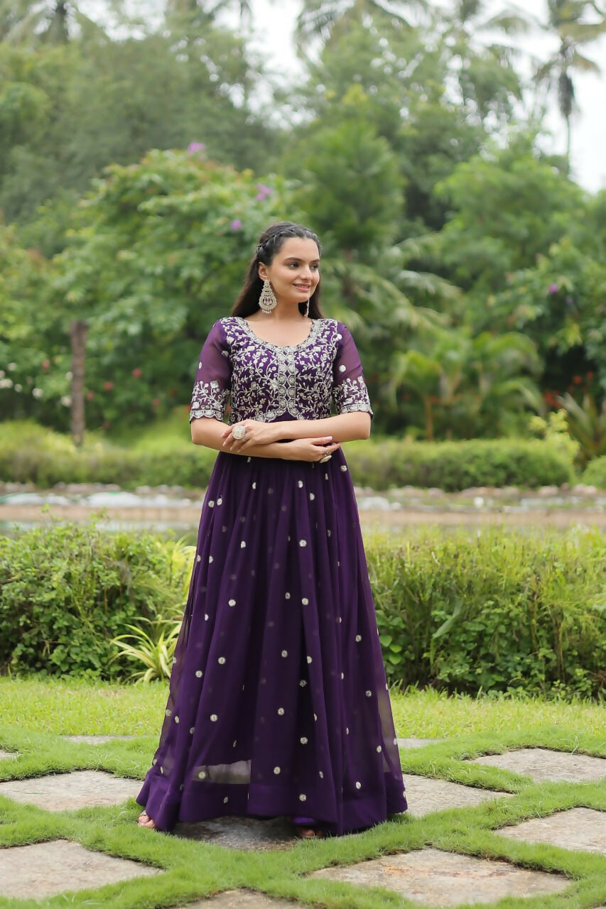 Vastranavya Premium Designer Faux Blooming with Embroidery Zari Sequins work Gown - Purple | Grocsy