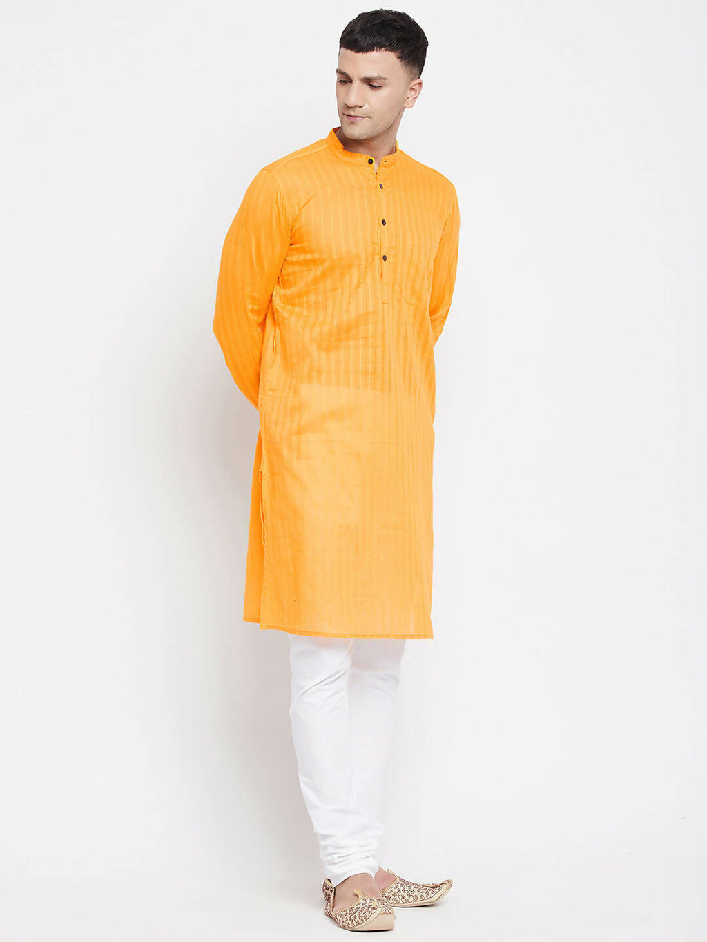 Even Apparels Men's Pure Cotton Kurta With Band Collar in Yellow Color | Grocsy