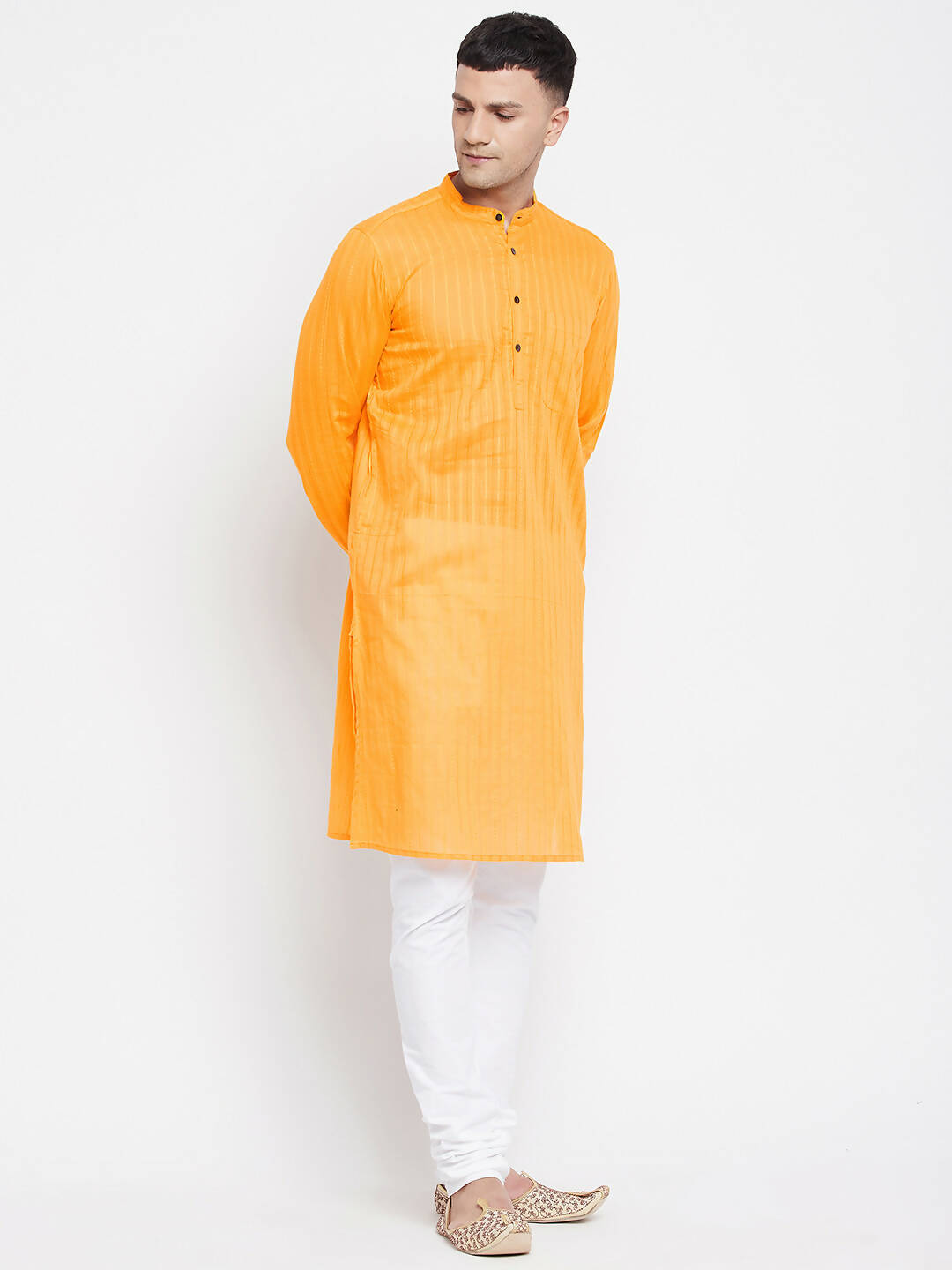 Even Apparels Men's Pure Cotton Kurta With Band Collar in Yellow Color | Grocsy