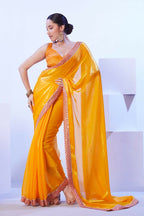 Yellow Satin Jimmy Choo Solid Designer & Lace Work Saree - Samaa | Grocsy