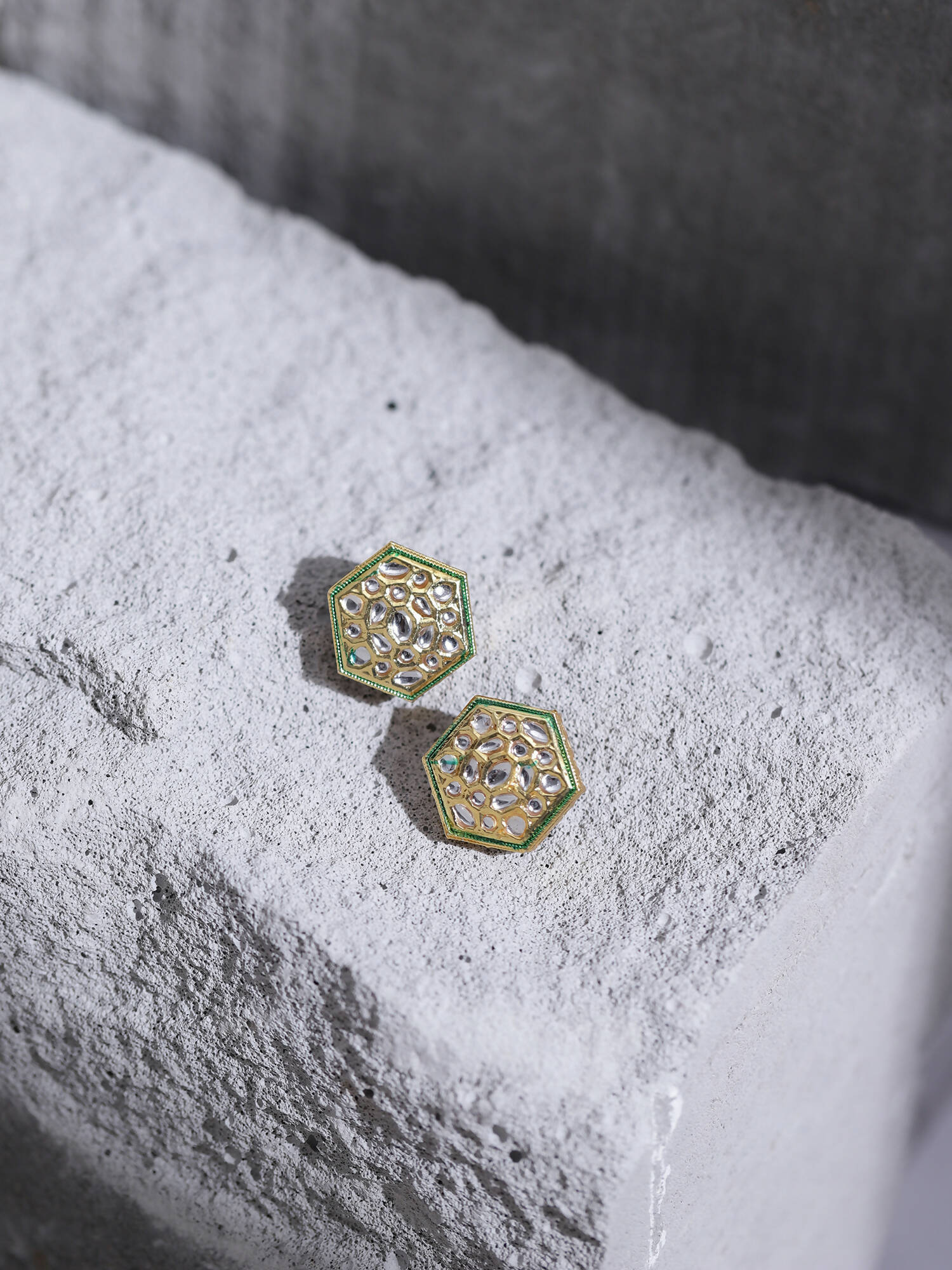 Gold-Toned White Kundan Contemporary Gold-Polished Studs Earrings - Ruby Raang | Grocsy