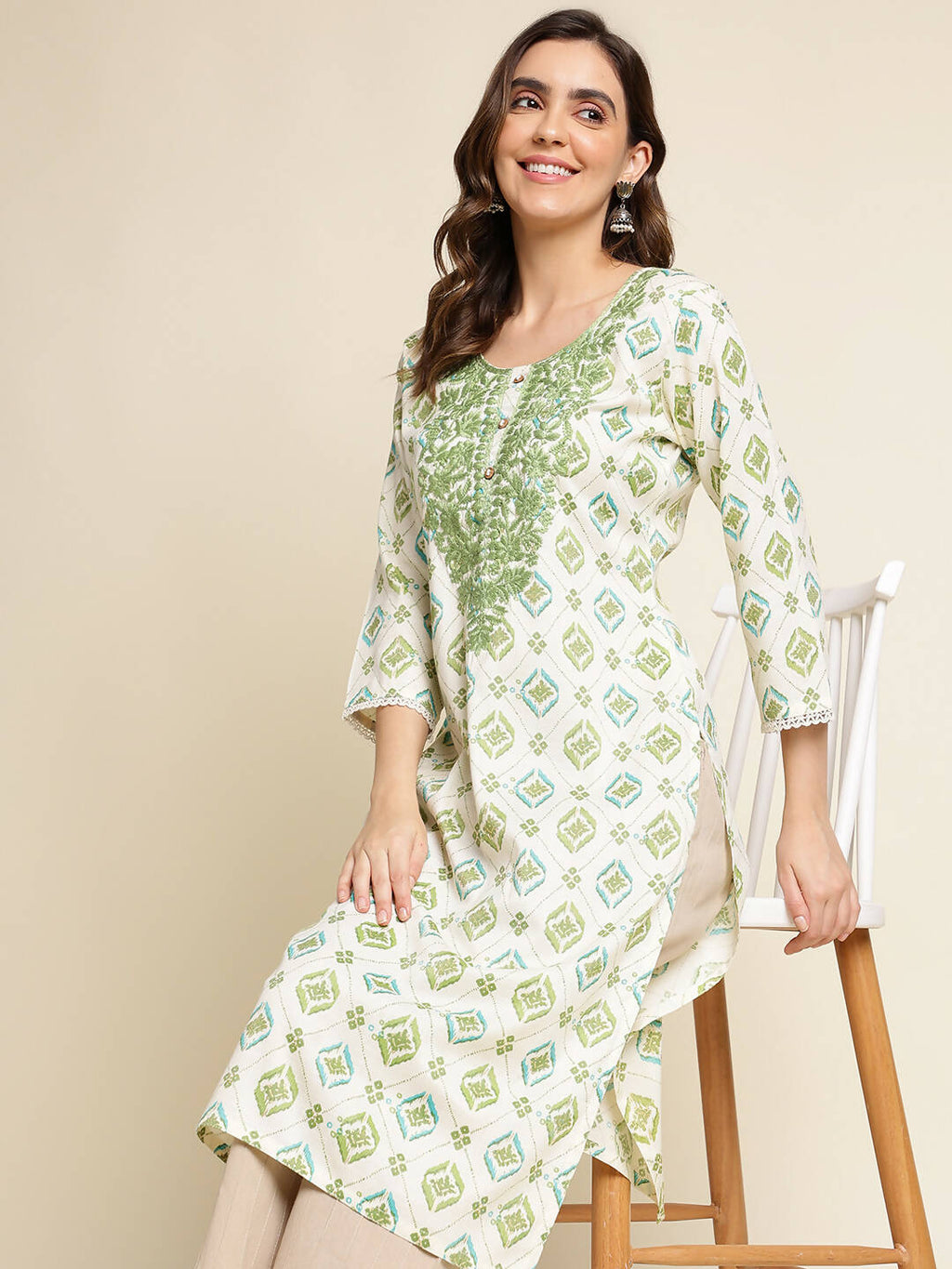 Green Poly Rayon Aztec Printed Straight Fit Kurta - Prasuti | Grocsy