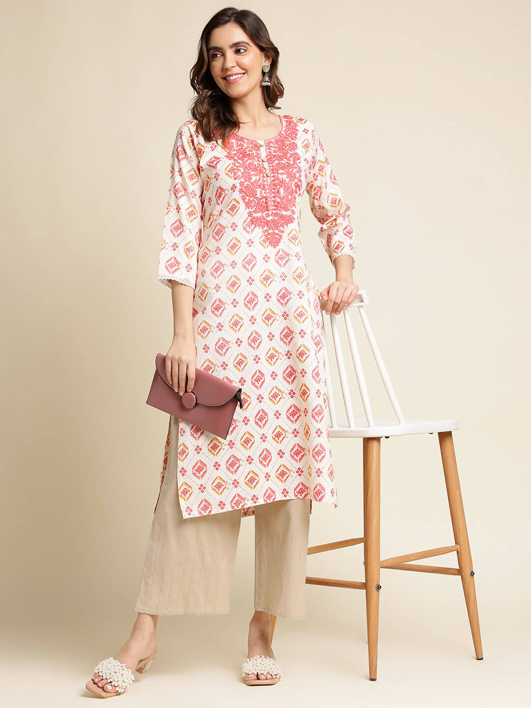 Red Poly Rayon Aztec Printed Straight Fit Kurta - Prasuti | Grocsy