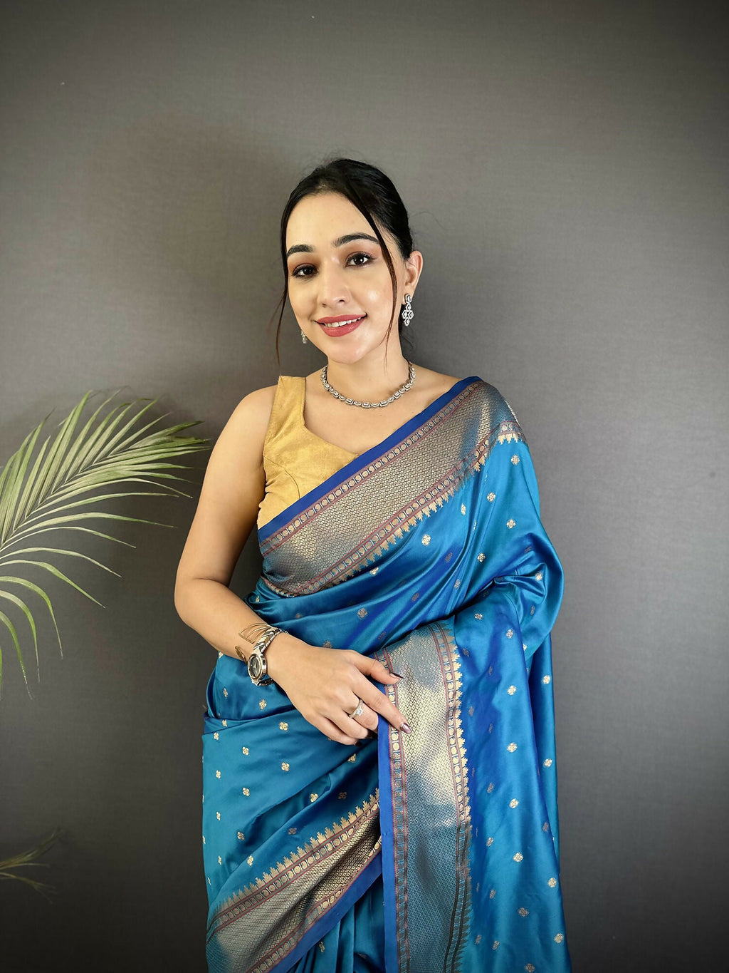 Joban Fashion Blue Butti Woven Soft Lichi Silk Paithani Saree | Grocsy
