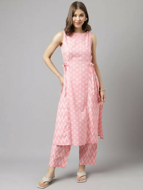 FIORRA Women's Baby Pink Cotton A-Line Kurta Set | Grocsy