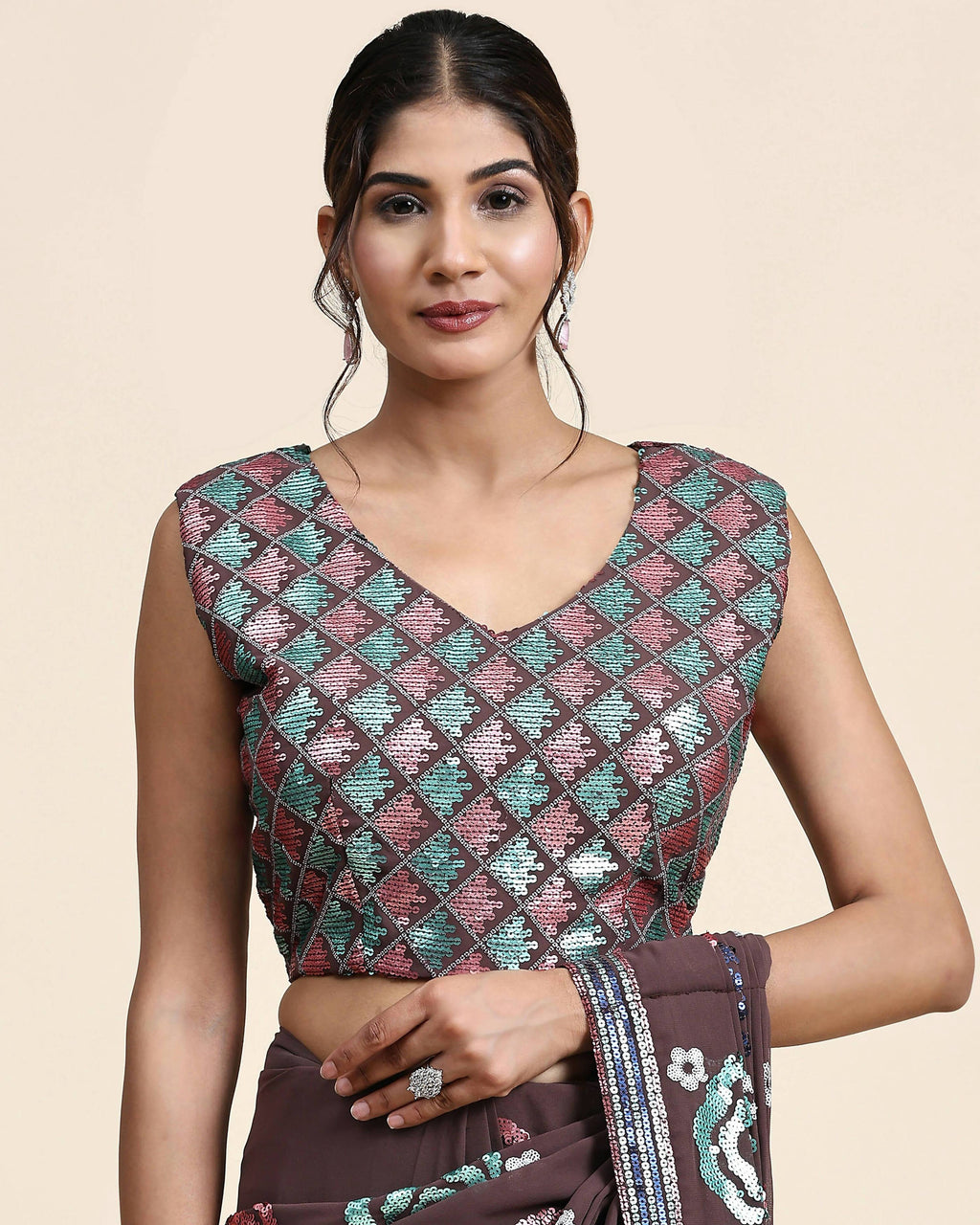 Brown Pure Georgette Sequence work Ready to wear Saree with stitched Blouse - Nirvana | Grocsy