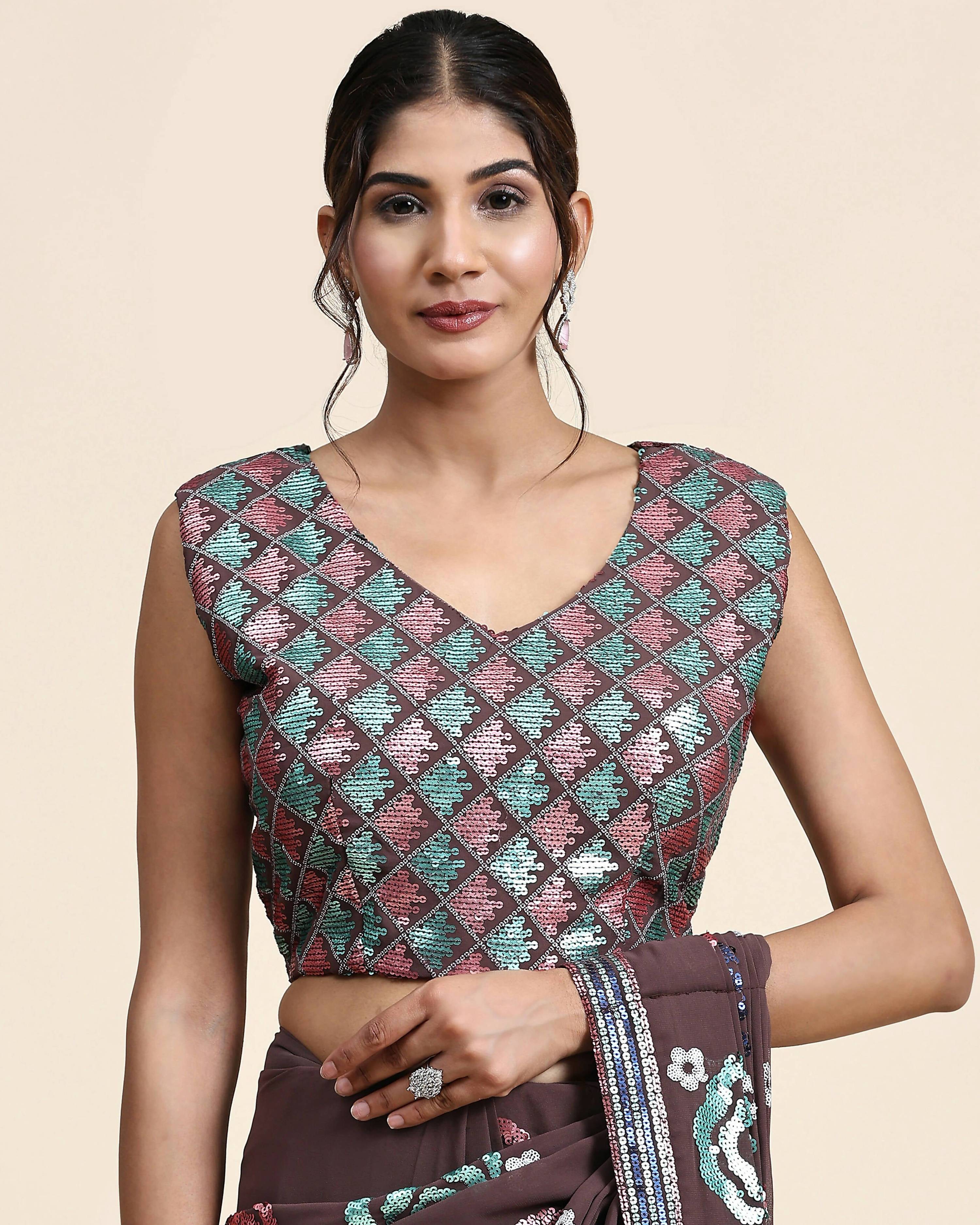 Brown Pure Georgette Sequence work Ready to wear Saree with stitched Blouse - Nirvana | Grocsy