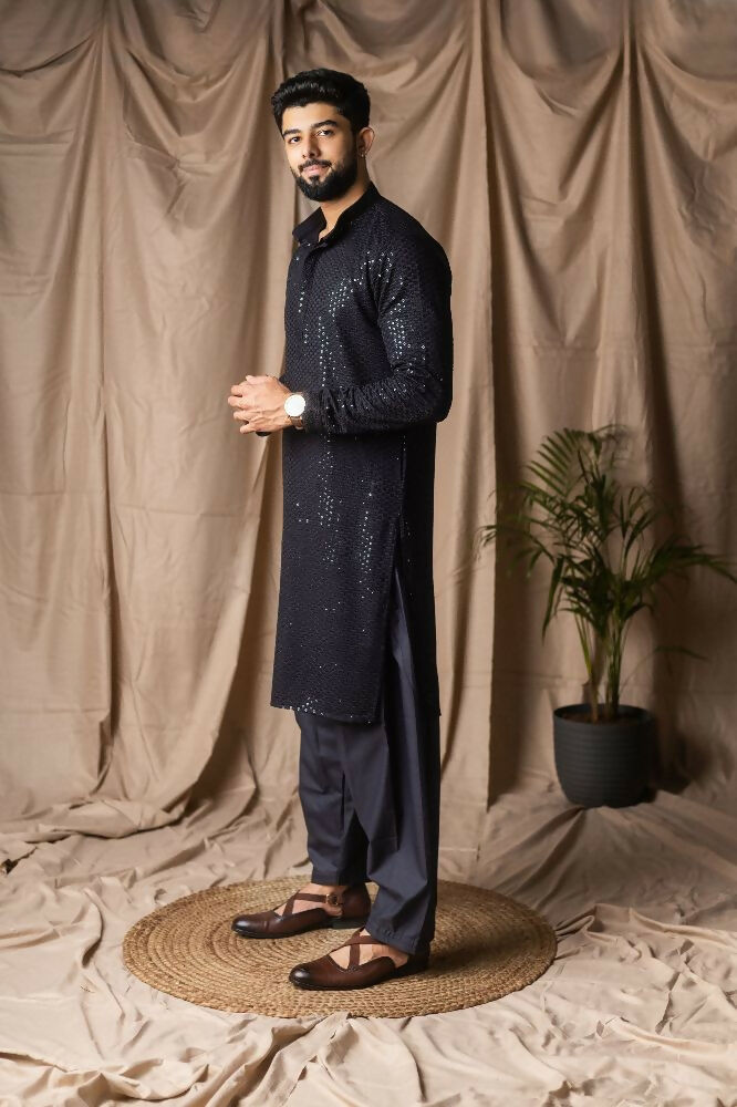 Black Rayon Thread Embroidery Work Kurta Set - Mahotsav | Grocsy