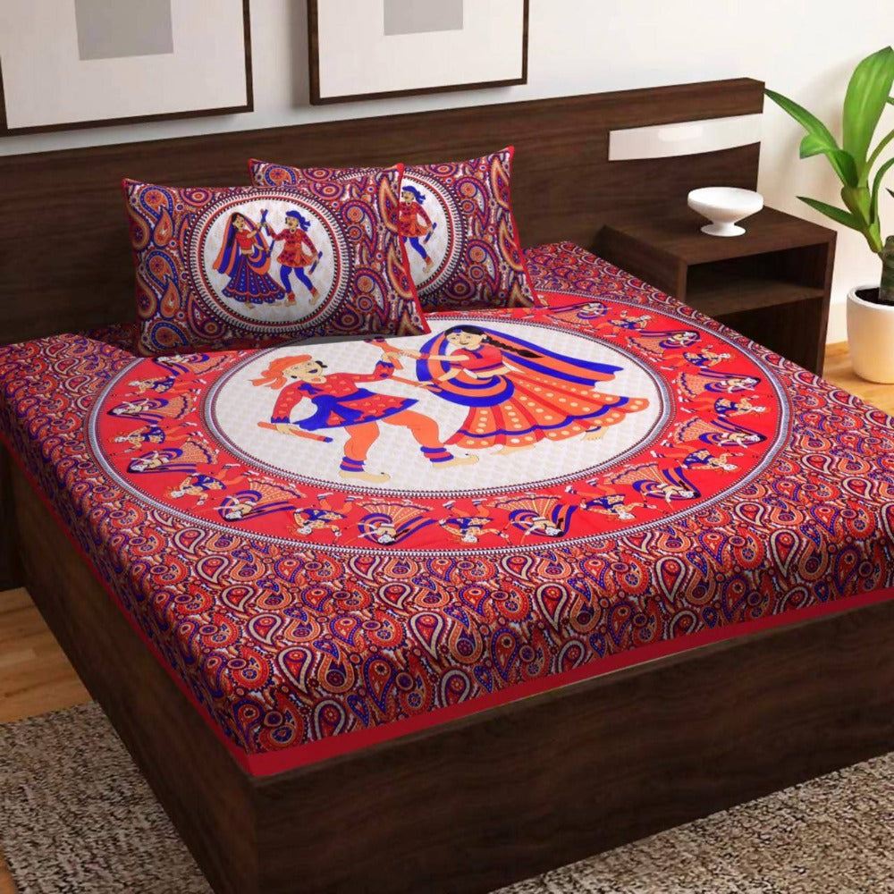 Vamika Printed Cotton Daandiya Red Bedsheet With Pillow Covers (PM Daandiya Red) | Grocsy