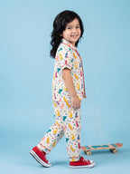 Breathables Woven Cotton Half Sleeves Dino Shirt & Pyjama White | Grocsy
