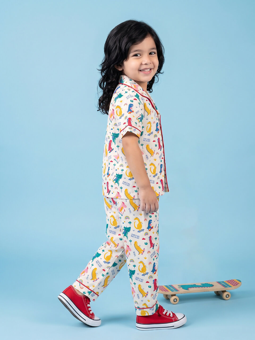 Breathables Woven Cotton Half Sleeves Dino Shirt & Pyjama White | Grocsy