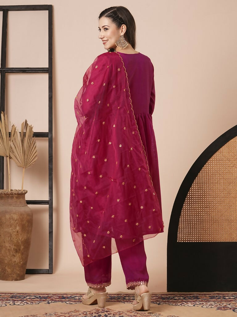 Pink Vichitra Silk Embroidery Work Kurta Set - Riya | Grocsy
