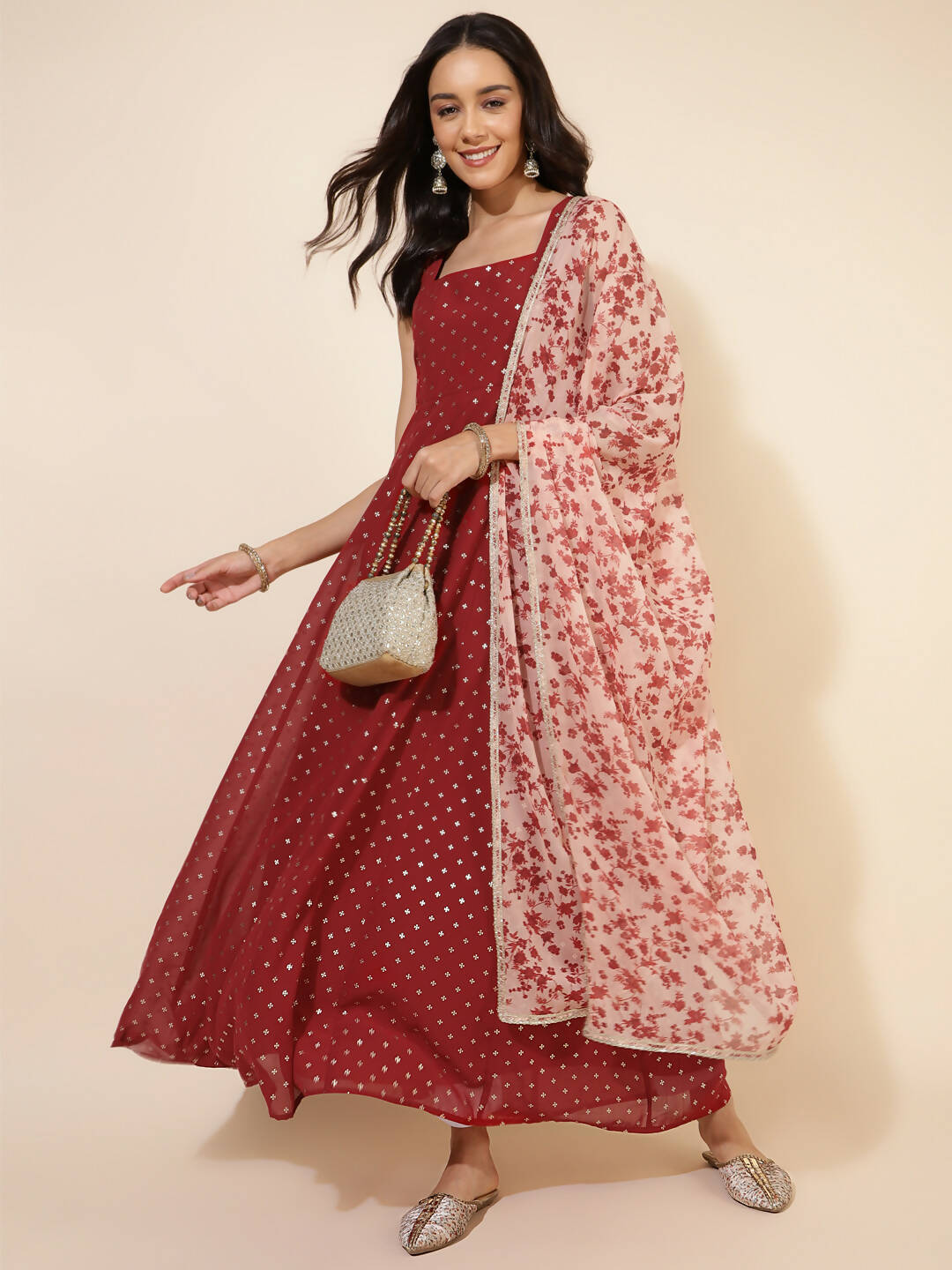 Janasya Women's Red Georgette Foil Printed Festive Anarkali Kurta Set | Grocsy