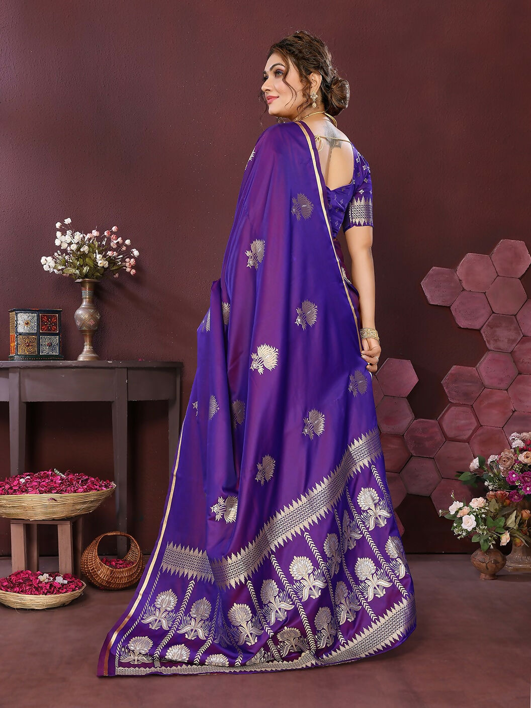 Joban Fashion Purple Floral Motifs Banarasi Silk Sarees | Grocsy