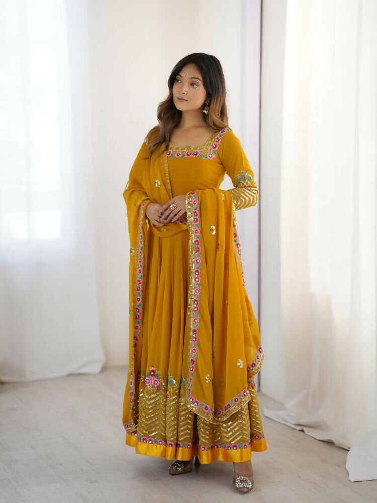Joban Fashion Mustard Georgette Sequence Embroidery Work Readymade Kurta Set | Grocsy