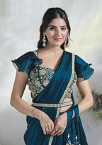 Teal Blue Two Tone Satin Silk Designer Ready to wear saree with stithced Blouse - Mohmanthan Aura | Grocsy