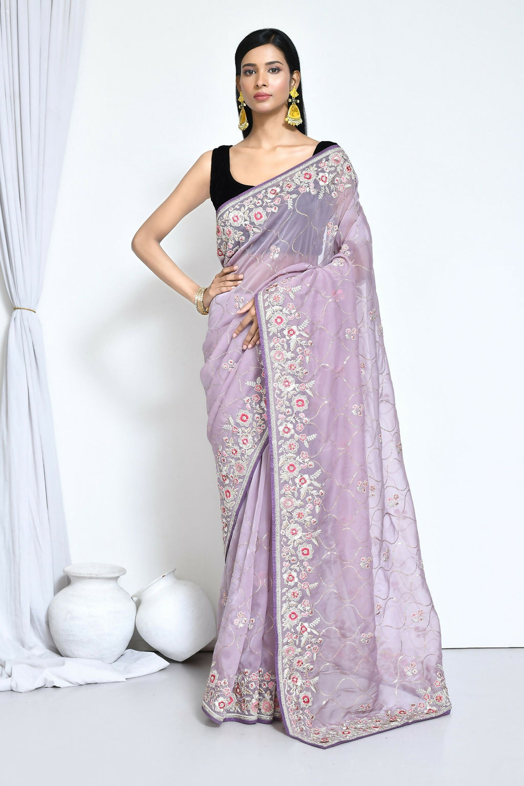 Purple Organza Satin Silk Sequence Embroidered with Stone work Saree - Nimaya Benzy | Grocsy