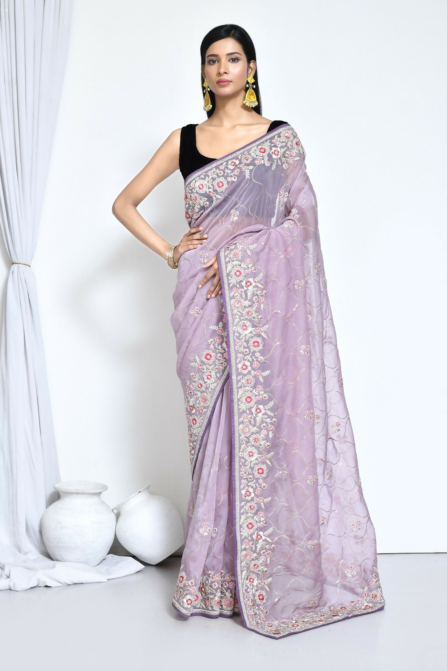 Purple Organza Satin Silk Sequence Embroidered with Stone work Saree - Nimaya Benzy | Grocsy
