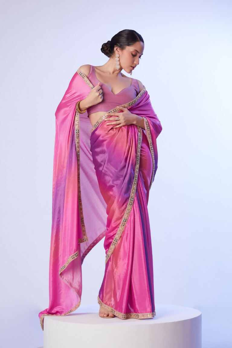 Pink Chinon Solid Designer & Lace Work Saree - Samaa | Grocsy