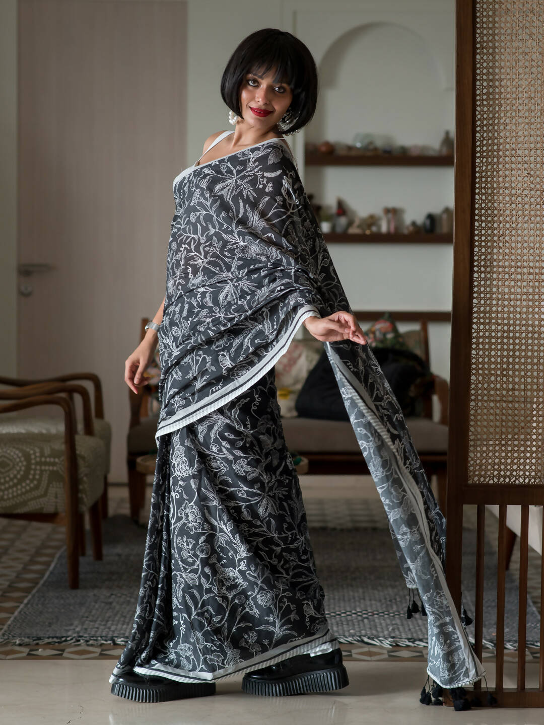 Suta Black Floral Pure Cotton Saree | Grocsy