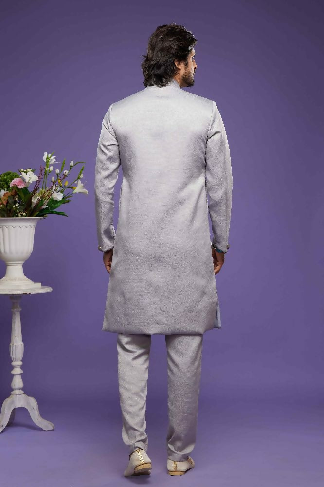 Raivat Ethnic Art Banarasi Silk Thread Work Kurta Pajama In Grey Colour | Grocsy